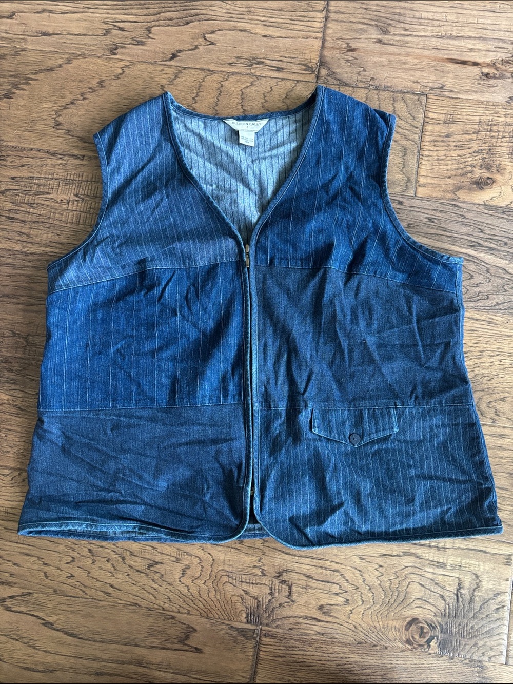 Denim Patchwork-Effect Zip-Front Vest in Dark Blue